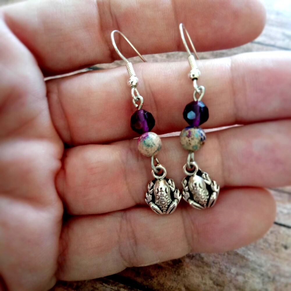 Frog Charm Beaded Earrings Silver Purple Dangles